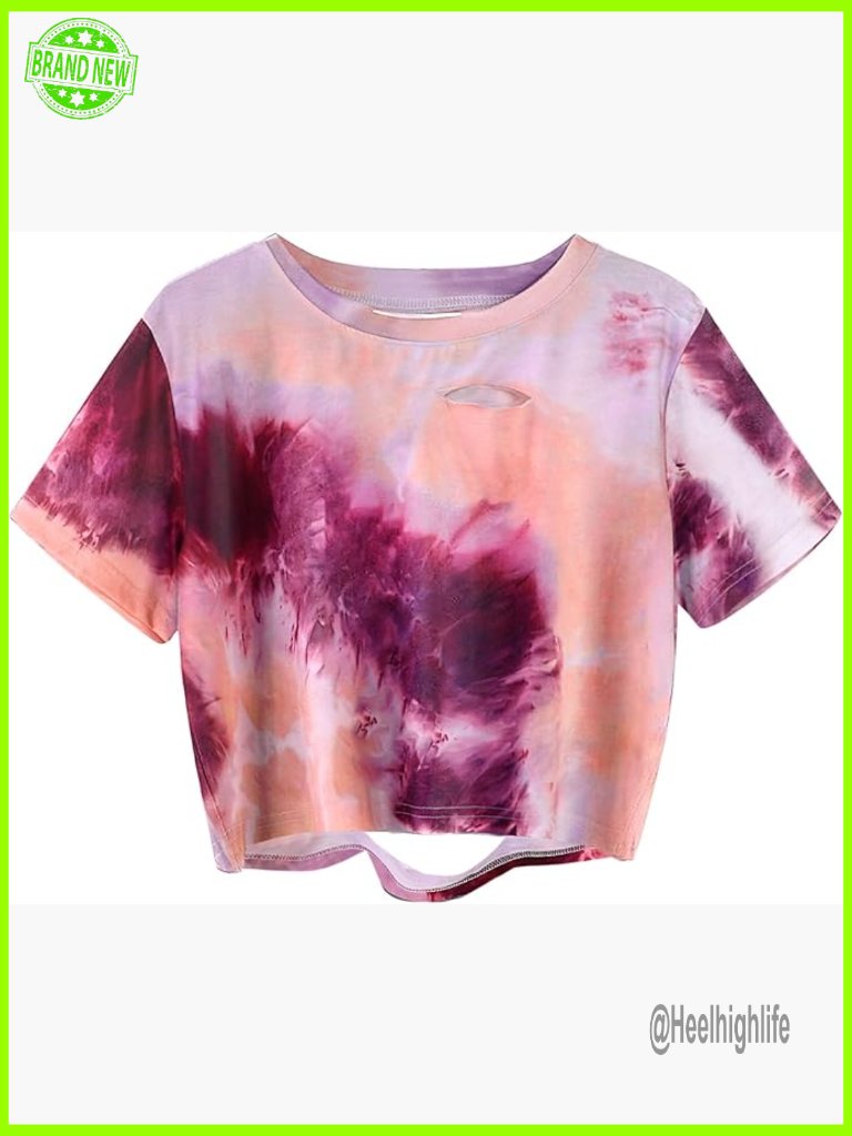 Distressed Tie Dye Crop Top Ripped Short Sleeve T Shirt For Concert